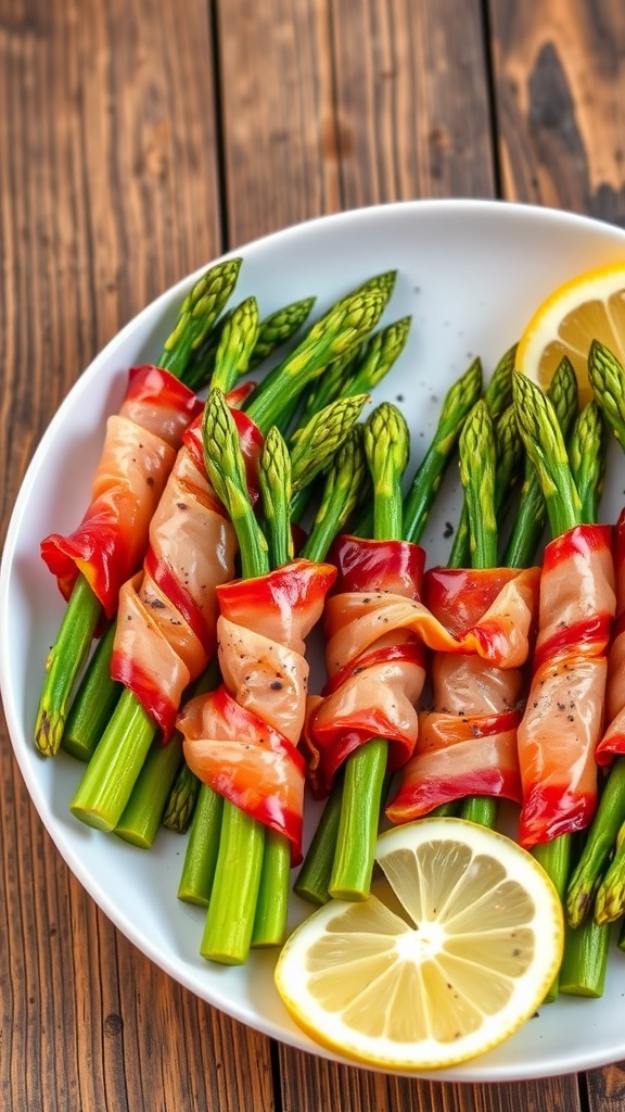 Asparagus spears wrapped in crispy prosciutto on a plate, garnished with lemon wedges.